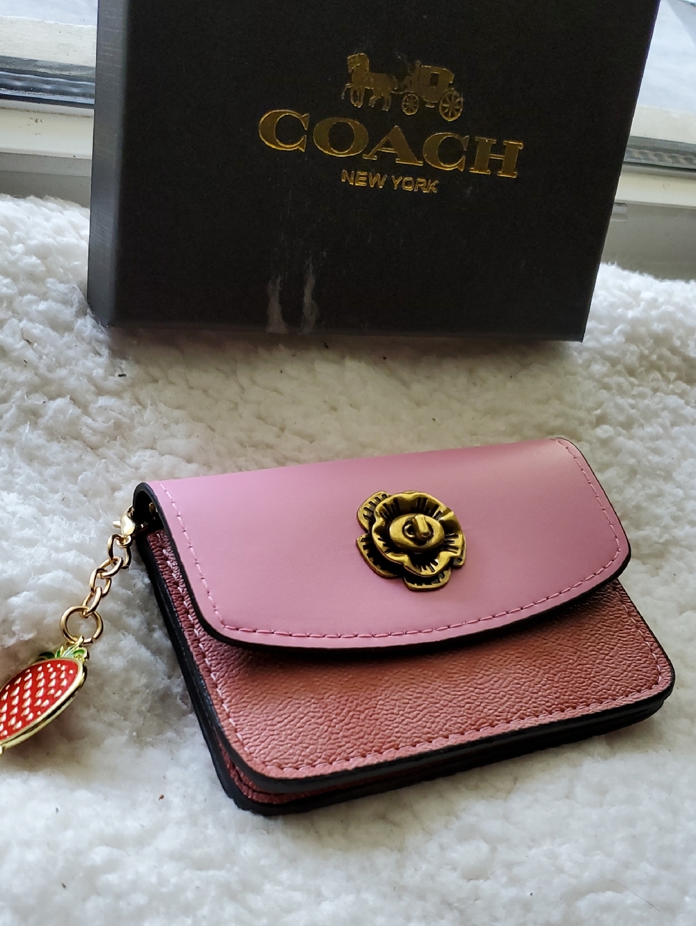 Coach Pink and Rose Gold Floral Turnlock Small Wallet with Strawberry Charm